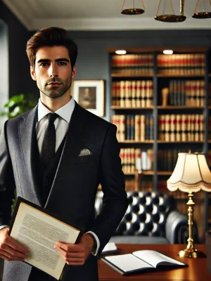 DALL·E 2024-11-08 11.06.07 - A portrait of a male lawyer standing confidently in a professional office setting. He is dressed in a formal suit with a tie, holding a document in on